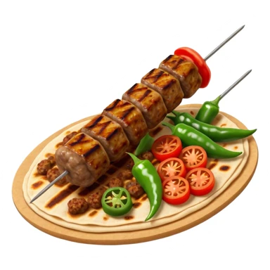 Adana kebab object icon, spicy grilled minced meat skewer, served on flatbread, grilled tomatoes and green peppers on the side, smoky char marks, juicy texture, 3D cartoon, mobile game icon style, centered, clean background, no text, no watermark
 sticker