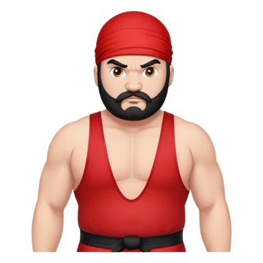Close-up of extremely fat white skin guy with young face, prominent BLACK DURAG tied clearly on head, distinct black beard and mustache, no muscle, black eyes in a red and black wrestling singlet with angry face sticker