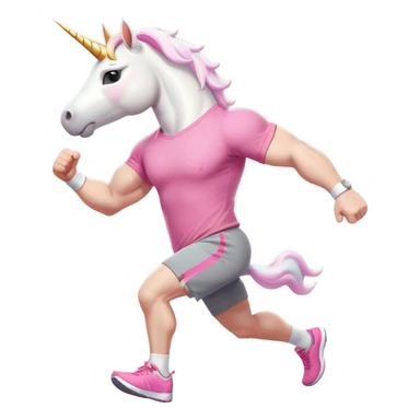 friendly anthropomorphised male white unicorn with a fit, chunky, muscular and strong physique, arms and legs matching the white of the head, in grey shorts and pink t-shirt, wearing dark sunglasses, jogging upright in a standard pose sticker