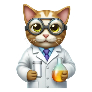 Cat wearing chemistry lab coat goggles and has flask with chemicals. show whole body sticker