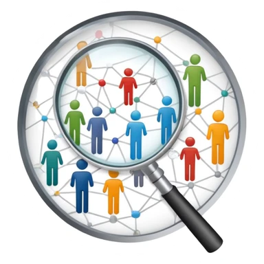 An icon featuring a group of diverse people, a social network diagram, and a magnifying glass, symbolizing sociology. The design includes charts and interconnected lines, representing the study of societies, relationships, and social behavior. Transparent background highlights social analysis. sticker