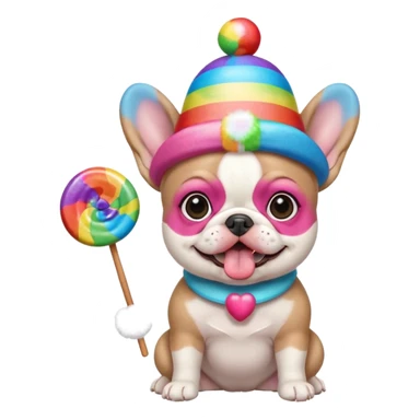 baby french bulldog wearing a propeller hat and holding a comically large rainbow lollipop  sticker