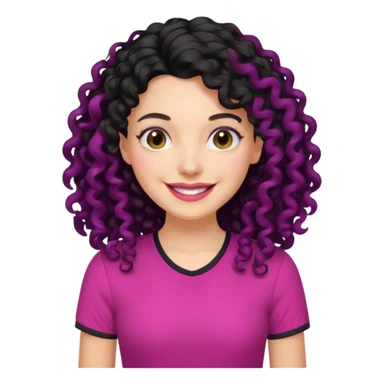 mujer blanca con cabello largo rizado negro sonriendo y con camisa fucsia sticker