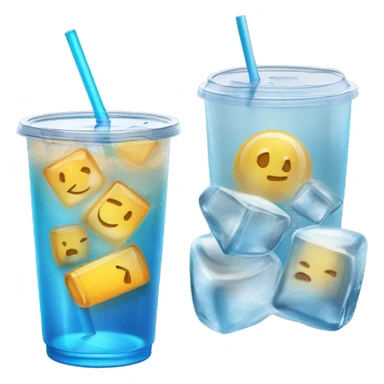 Realistic see through plastic cup and lid with half full Transluscent blue soda,straw and large ice cubes inside. sticker