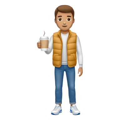 full body man with plain puffy vest with no pockets over long sleeved shirt wearing straight uncuffed blue jeans and tennis shoes holding coffee mug in his hand sticker