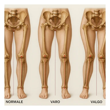 Create a hyperrealistic anatomical illustration in 4K resolution with a 1:1 proportion, showing three types of knees from a frontal view: normal knee, varus knee (bow-legged), and valgus knee (knock-kneed). Highlight the bones of the pelvis, femur, tibia, and fibula with red lines indicating the mechanical axis as in the reference image. The style should be medical and realistic with detailed anatomical features and a neutral background. sticker