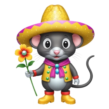 Rat eating a maruchan in one hand and a flower in the other with boots on for rain and that has one eye that looks like a disco ball as well with a Mexican hat one with a big nose and the rat has to be black  sticker