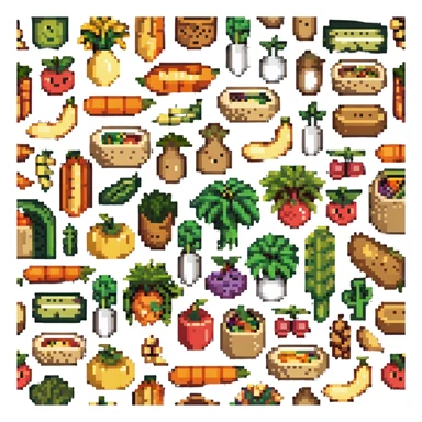 Pixel art of dietary fiber showing whole grains, vegetables, fruits and legumes connected by fiber strands, with an intestine character showing improved digestion sticker