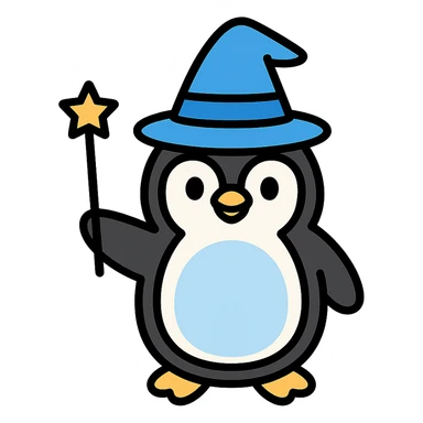 penguin wizard icon with a wand and hat in color outline style sticker