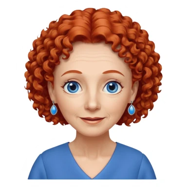 una profesora mayor simpática con el pelo rojo rizado, ojos azules, vestido azul y pendientes azules hablando sticker