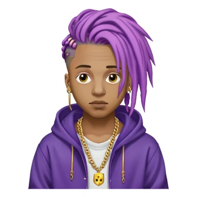 Juice WRLD with purple dreadlocks, 999 tattoo, gold chain, and hoodie sticker