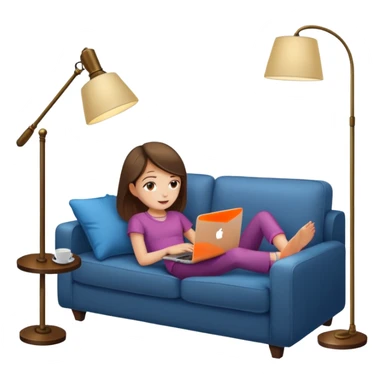 A girl is working with a laptop while lying on a sofa, with a floor lamp to the right. sticker