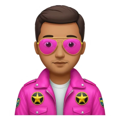 1980s cool man with stubble wearing reflective neon pink aviator sunglasses and a pilot topgun jacket sticker