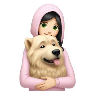 pretty woman with pale skin, very long black hair and green eyes and light pink outfit hugging a beige fluffy chow chow dog sticker