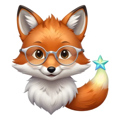 A gentle fox with iridescent fur, a glowing tail, a silver star on its forehead, and round glasses, smiling softly with closed, happy eyes sticker