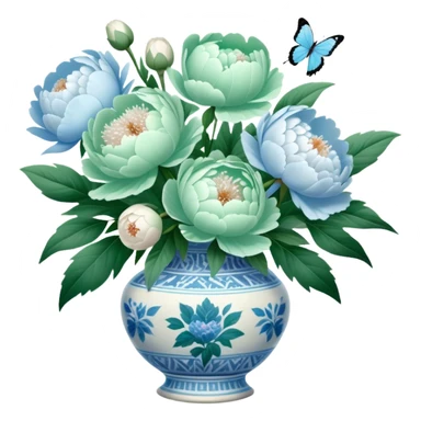 A soft green butterfly fluttering near a bouquet of pale blue and white peonies in an antique vase. sticker