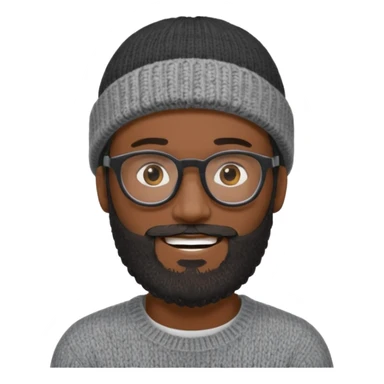 A dark-skinned man with a gray knit beanie, black glasses, a full beard, and a friendly smile. sticker