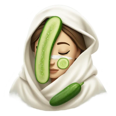 Girl with freackles Brown hair white skin and blue eyes wears Green colored texture skin care mask all over her face while She relaxes she puts on two mini round piece of cucumber on her closed eyes In a white Robe sticker