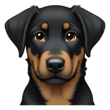 Medium Beauceron puppy with white chest and chin, brown paws and cheeks, black muzzle sticker