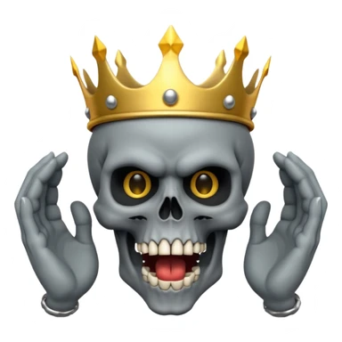Demonic 3D skull holding its head by its two hand in shock, mouth open, wearing a golden crown, dark horror vibe sticker