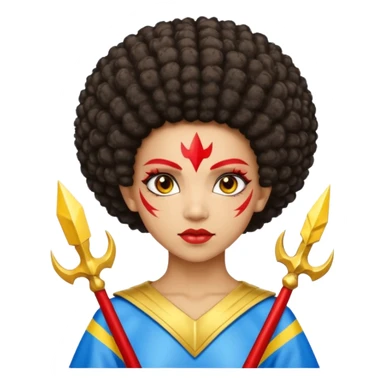 Emoji metisse femboy mais plus masculin avec drapeau ukrainien arriere plan, un afro, sourcils rouge, fourche trident, et eclairs et sur fond bleu clair irrisé. Peau lightskin, yeux marron et cheveux marron bouclés mais en mode afro pixi cut sticker