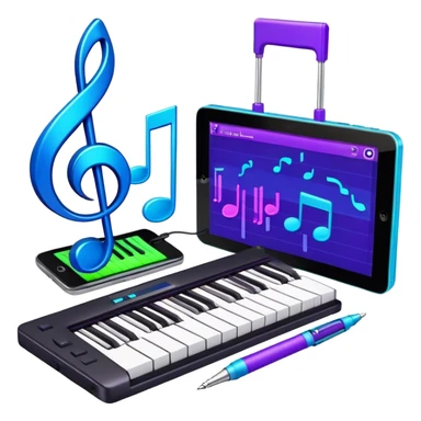 Create a creative and inspiring emoji that represents writing music tracks. The design should feature musical notes, a pen or pencil, and a digital audio workstation (DAW) interface or a computer screen with a visible waveform, symbolizing the process of composing and arranging a track. Add elements like a metronome or a pair of headphones to reflect the recording and editing aspects. Use vibrant colors like electric blue, purple, or neon green to represent creativity and innovation in music production. The background should be transparent. sticker