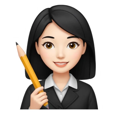 a korean cosmetics marketing expert women with black hair, holding pencil and phone sticker