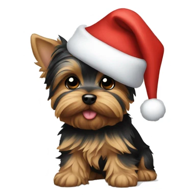 Yorkie puppy wearing a Santa hat sticker