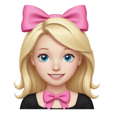 A blonde girl, teen, pale skin, freckles, light blu eyes, lashes, smiling, black top, pink coqquete bow in hair sticker