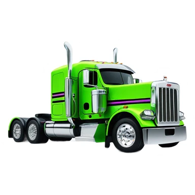 neon green peterbilt semi truck lowered on the ground with large chrome wheels and chrome smoke stacks profile view sticker