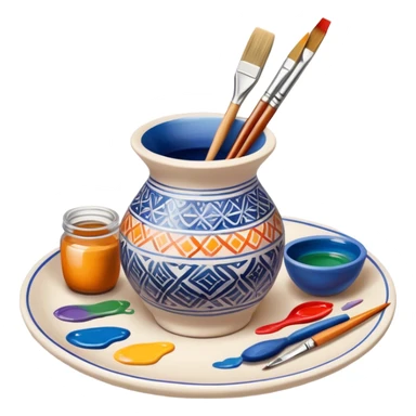 Ceramic painting icon, hand-painted ceramic plate or vase with intricate patterns, visible paintbrush, paint pots, and ceramic tools, colorful glaze, no finished artwork, just the painting process, minimalistic style, clean lines, transparent background. sticker