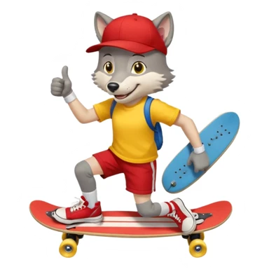 A gray wolf with large, expressive eyes and a friendly smile. The gray wolf is wearing a bright yellow T-shirt, red shorts, white knee socks, and sneakers. The baseball cap is worn backwards. The wolf holds a skateboard in one hand and gives a thumbs-up with the other, a confident and cheerful pose. sticker