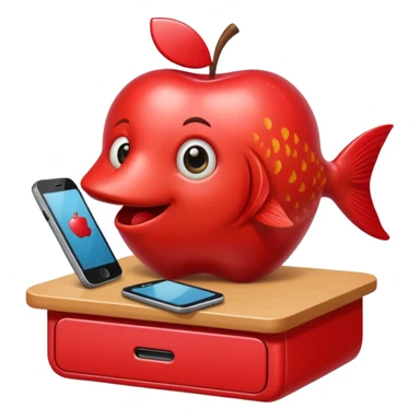 emoji stile apple di un pesce su un banco scolastico che gioca con il telefono perché si sta annoiando  sticker