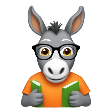 Make me a set of donkey memoji for an educational project. cute gray donkey, with round glasses, wearing an orange t-shirt, holding a book on his hand. it is important that it be in memoji style sticker