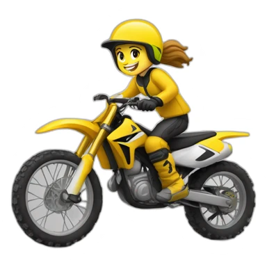 Un garçon qui conduit une motocross jaune avec une fille derrière sticker