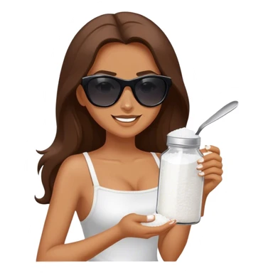Tan woman with long brown hair and dark sunglasses. She is holding a salt shaker full of white table salt. She is shaking the salt out of the salt shaker with a smirking expression sticker