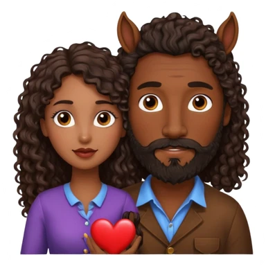 pareja de Mujer morena rizada cabello largo castaño ojos oscuros y hombre piel blanca con caballo oscuro con barba y ojos marron alrededor de la pareja corazones sticker