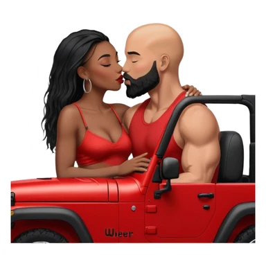 intimate moment between lovers, JetSetFly , photo Realistic Couple, black women with long black balayage hair & kissing bald white muscular man with ginger Beard  in a red Jeep Wrangler  sticker