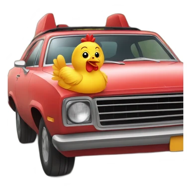 male chicken driving red car with sunroof sticker