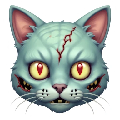 zombie cat portrait, head and shoulders only, pale fur, cracked skin patches, eerie glowing eyes, mischievous undead vibe, 3D cartoon, mobile game icon style, clean background, no text, no watermark
 sticker