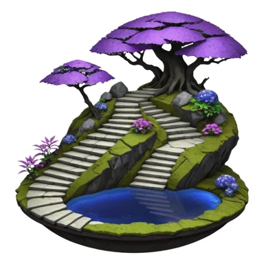 Crashed Alien saucer pool-house jungle winding staircase lakeside mountainside -island getaway haunted nighttime landscape antique mudman very old broken cracked intricate Stone Age lapis-crusted irregular dodecagon-shaped shallow dark moss rough bark violet serissa flowered maple tree bonsai sticker