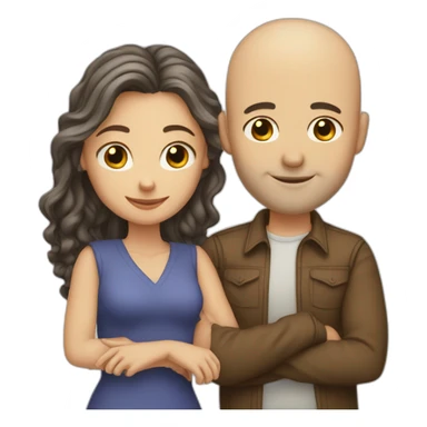 caucasian bald man and a caucasian woman with long curly dark hair hugging sticker
