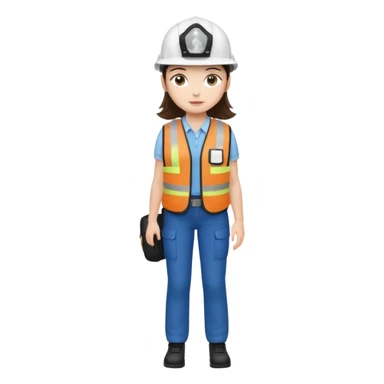 Brunette brown Girl full body standing with her white security helmet and security vest that fits her large on, also with her black backpack. Full body sticker