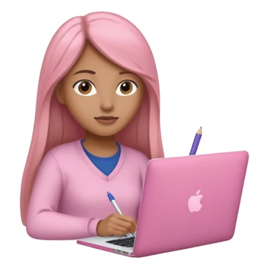 Mujer lacia peli larga y peli larga  en una MacBook rosa investigando y haciendo tareas con un libro de apuntes y con cara muy linda como modelo sticker