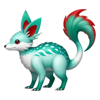  Shiny iridescent glossy oily smooth silky soft White with green-teal-turquoise-gradient with red streak markings and white belly and white points beautiful handsome gorgeous aesthetic colorful vibrant Vernid-Trico-species-Fakemon-creature by LiLaiRa, 4 legs, 1 tail, random markings, (full body) sticker