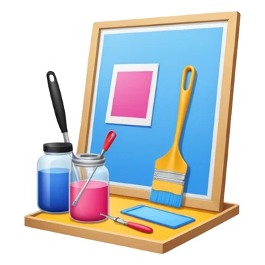 screenprinting setup with frame, squeegee, and ink jar, playful style sticker