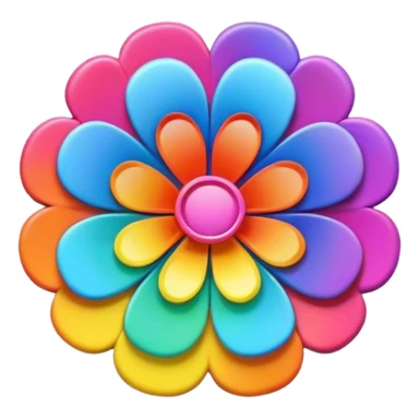 A round psychedelic colored button with bezeled edges and a rainbow colored 3D flower in the center sticker