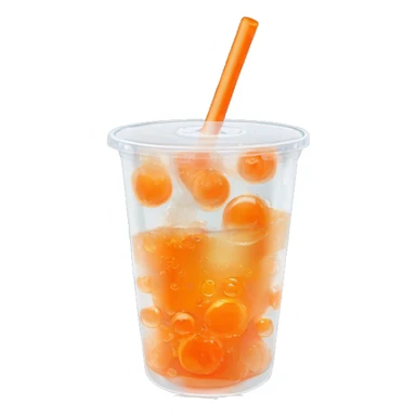 Realistic clear plastic cup half full of Transluscent soda with carbonation bubbles, carrot shaped ice cubes inside the cup and orange curly straw through the top  sticker