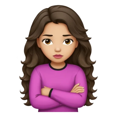 Hispanic light tan girl with long dark wavy hair with arms folded and pouting. Wearing a long sleeve. Hair with middle part. sticker