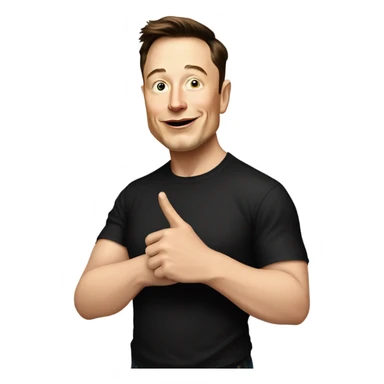 A cartoon-style illustration of Elon Musk with a confident smirk, wearing his signature black t-shirt, pointing downward with both index fingers toward the content below. His facial expression should convey a mix of enthusiasm and playful authority.  sticker